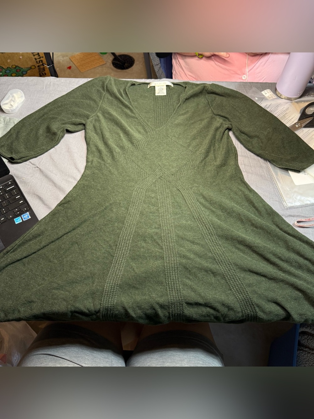 Max Studio Olive Green V-Neck Knit Sweater Dress